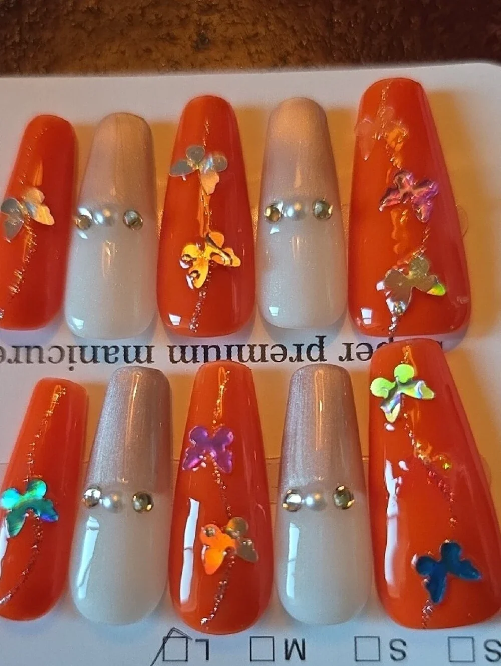Orange Butterfly Press-On Nail Set by Size Large
